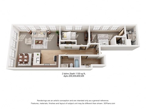 Floor plan for 2 beds, 2 baths, 1130 sqft